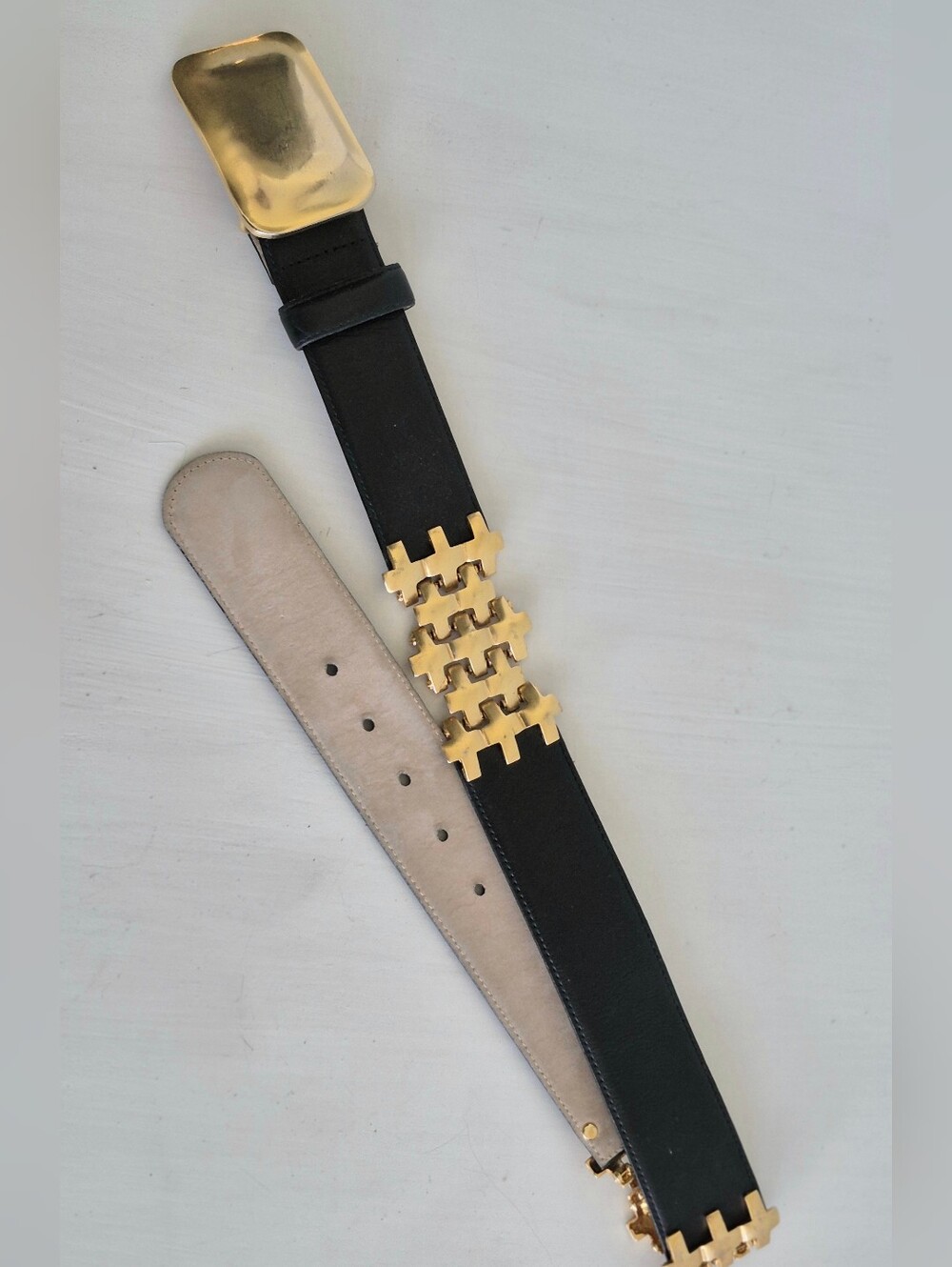 Robert Lee Morris Black Leather Belt with Gold Plated Plus Sign + Links Accent